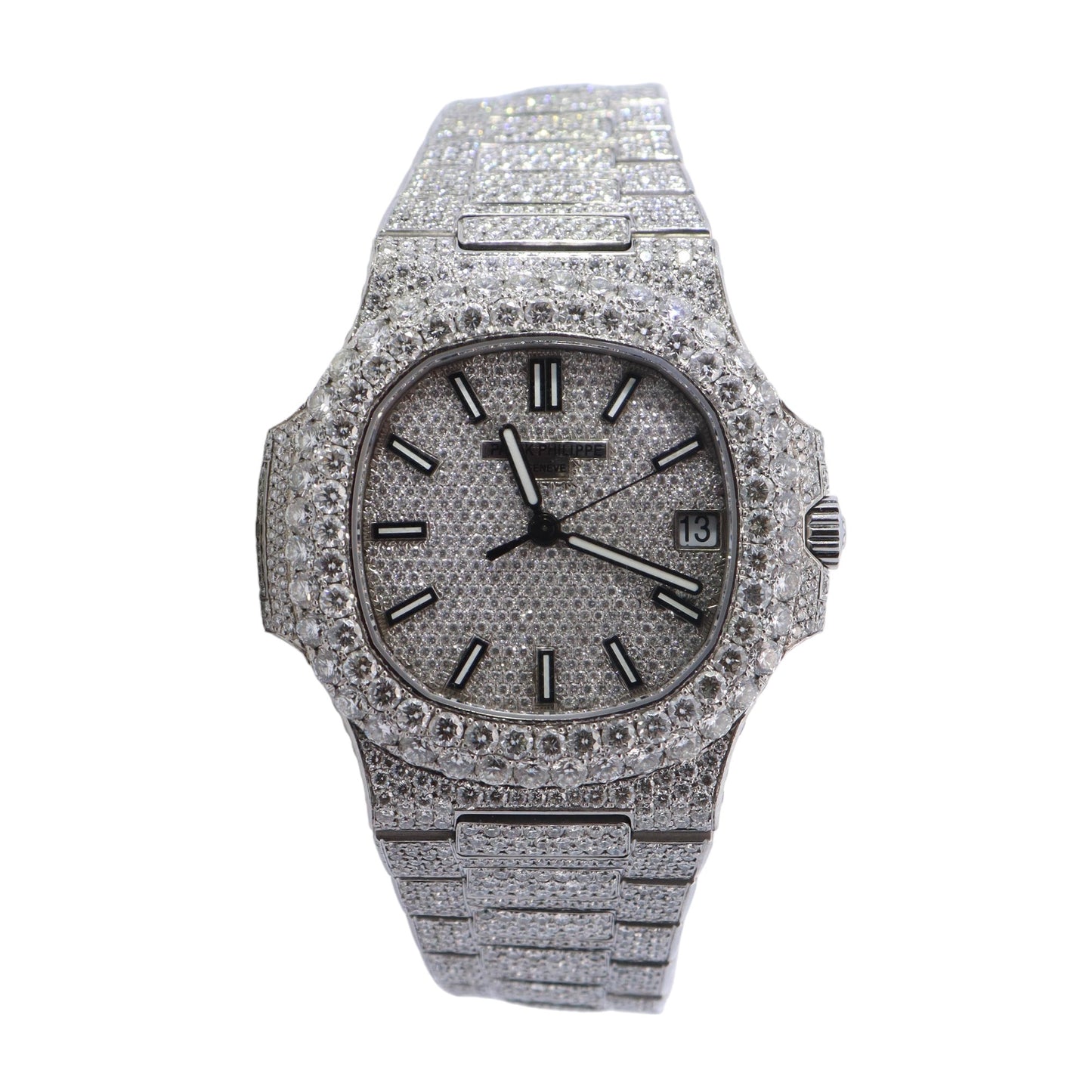 Patek Phillipe Nautilus Custom "Iced Out" Stainless Steel 40mm Custom Diamond Pave Stick Dial Watch Reference #: 5711/1A-011 - Happy Jewelers Fine Jewelry Lifetime Warranty