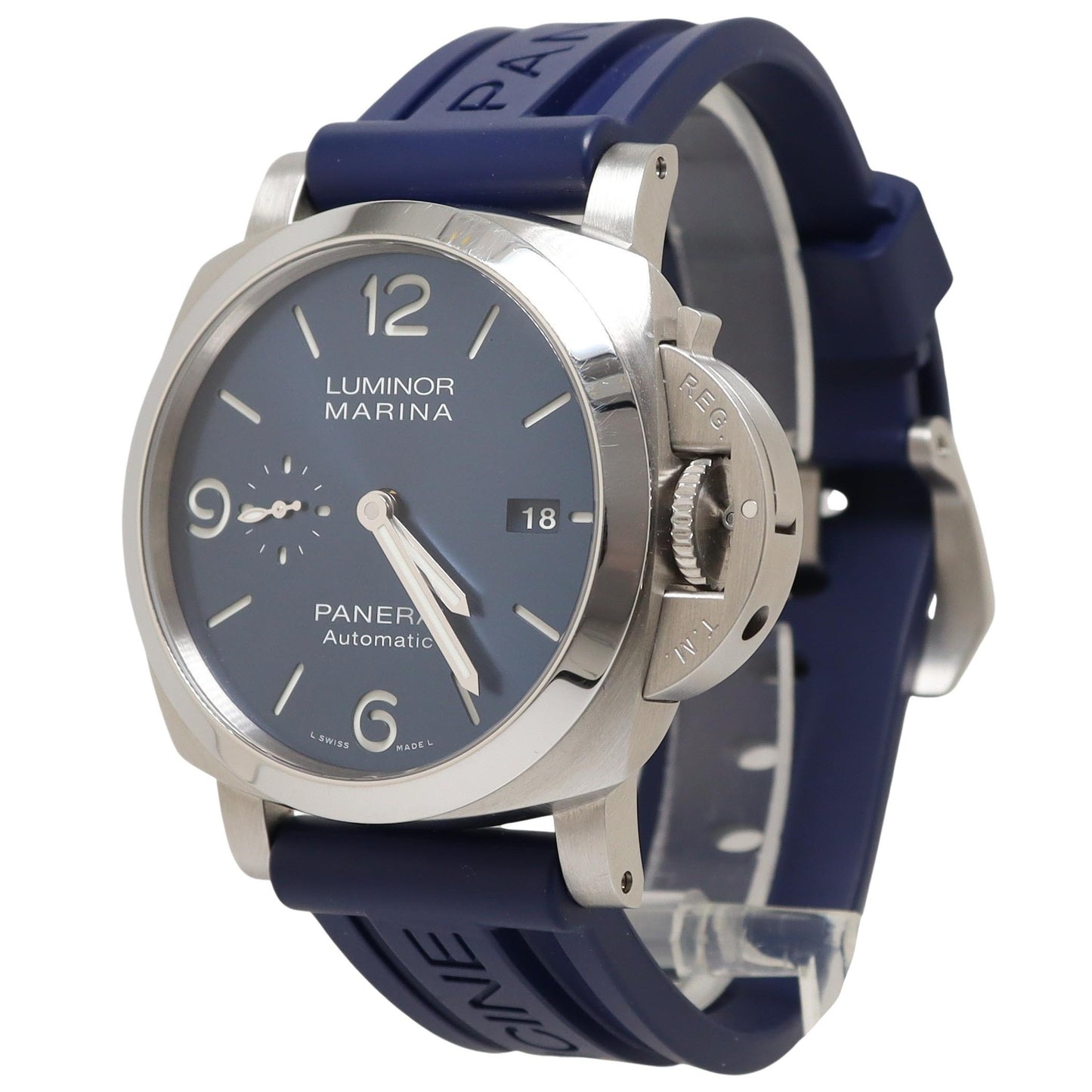 Panerai Luminor Stainless Steel 44mm Blue Stick & Roman Dial Watch Reference#: PAM01313 - Happy Jewelers Fine Jewelry Lifetime Warranty