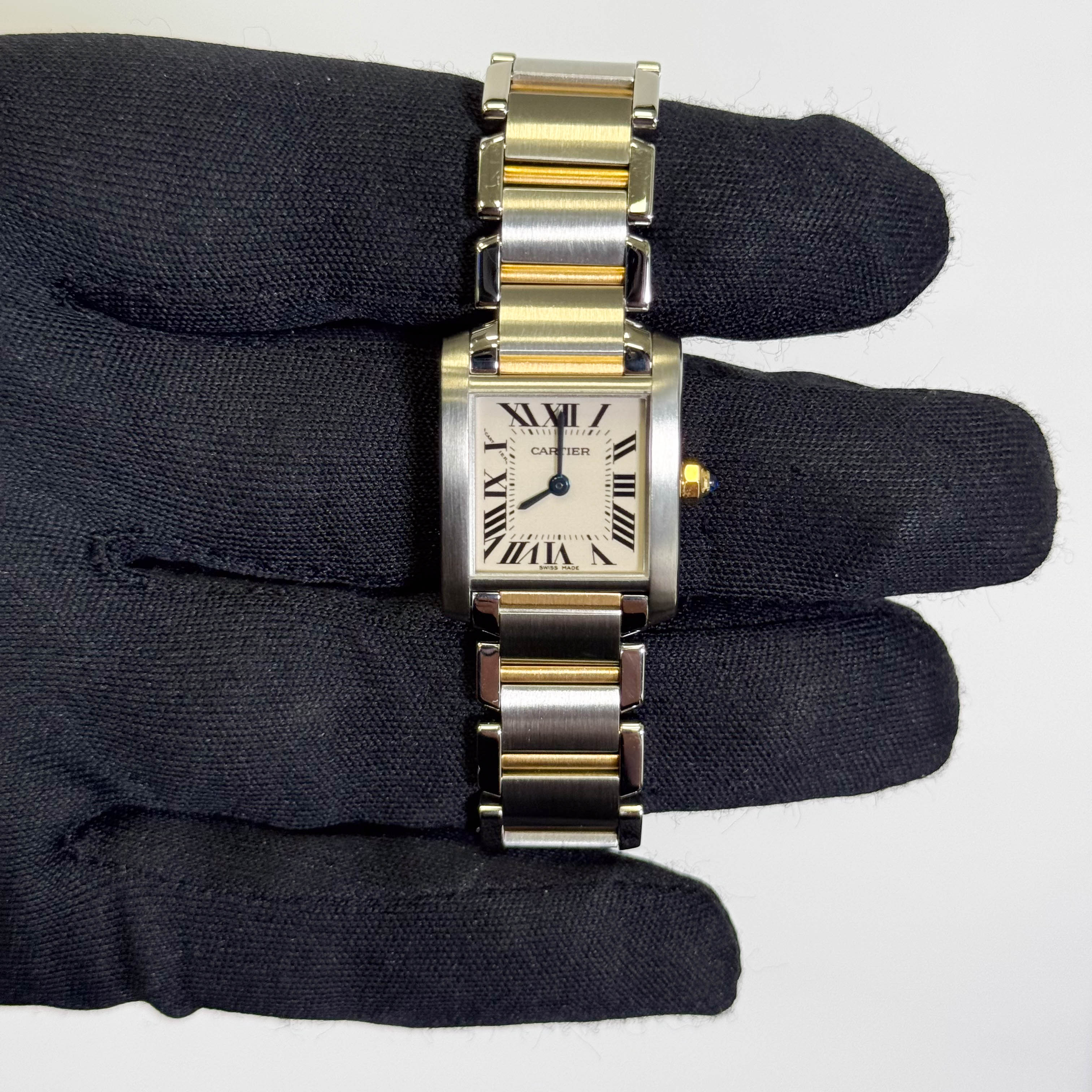 Cartier Tank Two-Tone Yellow Gold & Steel 25x20mm White Dial Watch Ref# W51007Q4