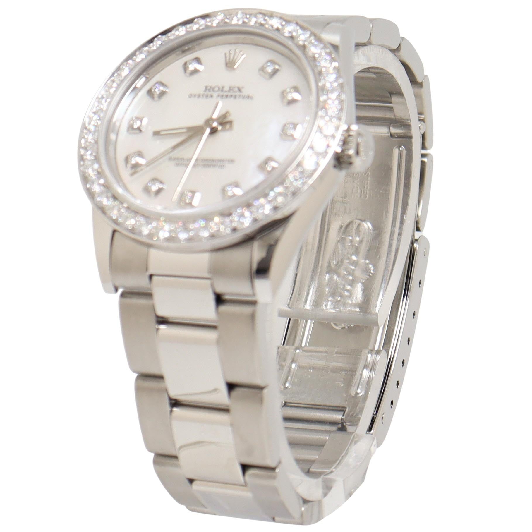 Rolex Oyster Perpetual Stainless Steel 31mm Custom MOP Diamond Dial Watch Reference#: 177200 - Happy Jewelers Fine Jewelry Lifetime Warranty