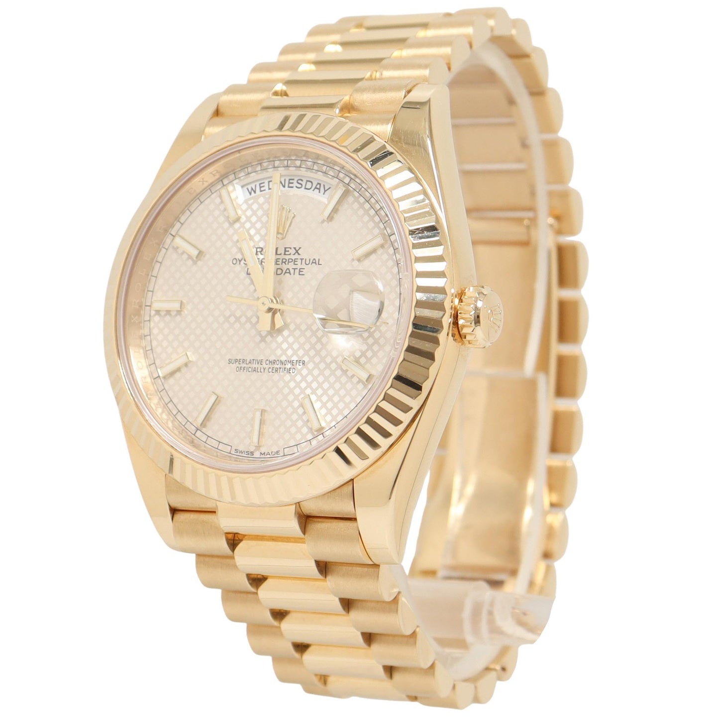 Rolex Daydate Yellow Gold 40mm Silver Diagonal Stick Dial Watch Reference#: 228238 - Happy Jewelers Fine Jewelry Lifetime Warranty