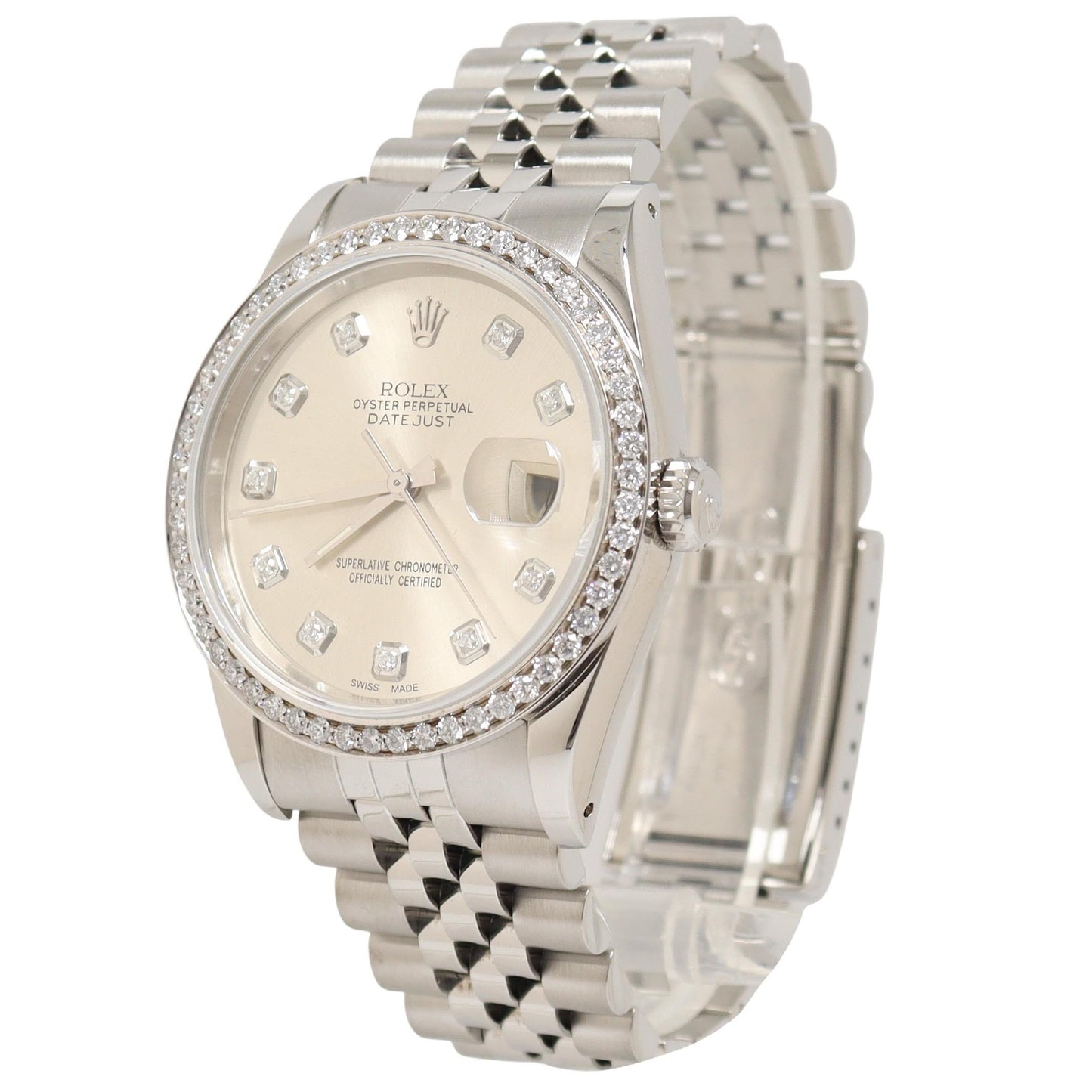 Rolex Datejust Two Tone White Gold & Steel 36mm Custom Silver Diamond Dial Watch Reference#: 16234 - Happy Jewelers Fine Jewelry Lifetime Warranty