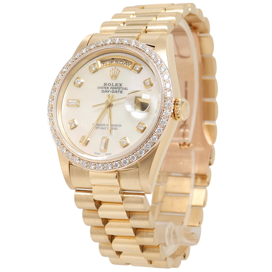 Rolex Day Date 36mm Yellow Gold Custom White MOP Diamond Dial Watch  Reference#: 18238 - Happy Jewelers Fine Jewelry Lifetime Warranty