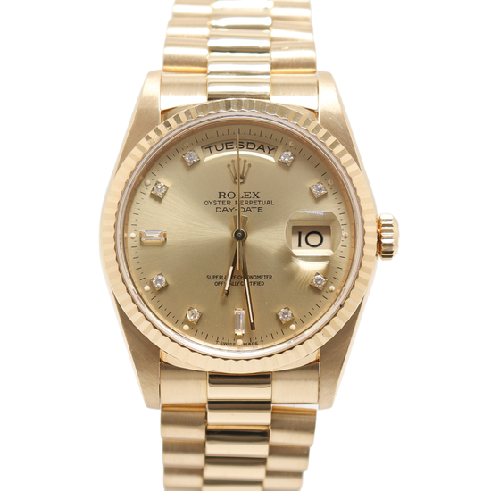 Rolex Day Date 36mm Yellow Gold Champagne Diamond Dial Watch Reference#: 18238 - Happy Jewelers Fine Jewelry Lifetime Warranty
