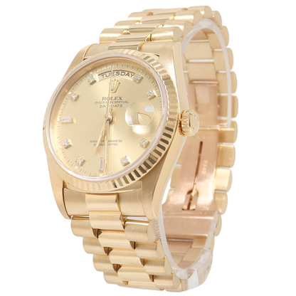 Rolex Day-Date Yellow Gold 36mm Champagne Diamond Dial Watch Reference #: 18238 - Happy Jewelers Fine Jewelry Lifetime Warranty