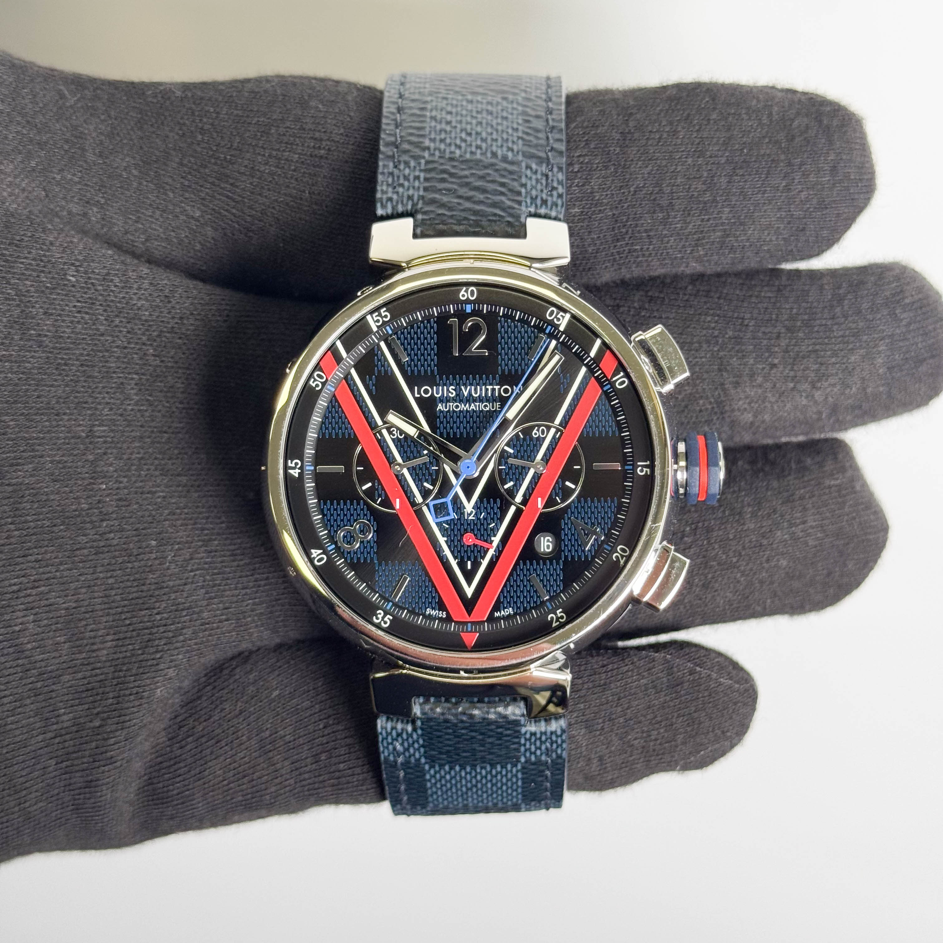 Louis Vuitton Tambour 46mm Black Blue  Dial Watch Ref # QA163Z - Happy Jewelers Fine Jewelry Lifetime Warranty