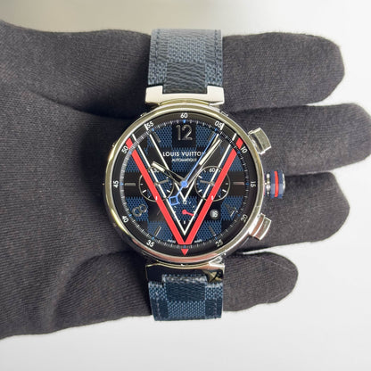 Louis Vuitton Tambour 46mm Black Blue  Dial Watch Ref # QA163Z - Happy Jewelers Fine Jewelry Lifetime Warranty
