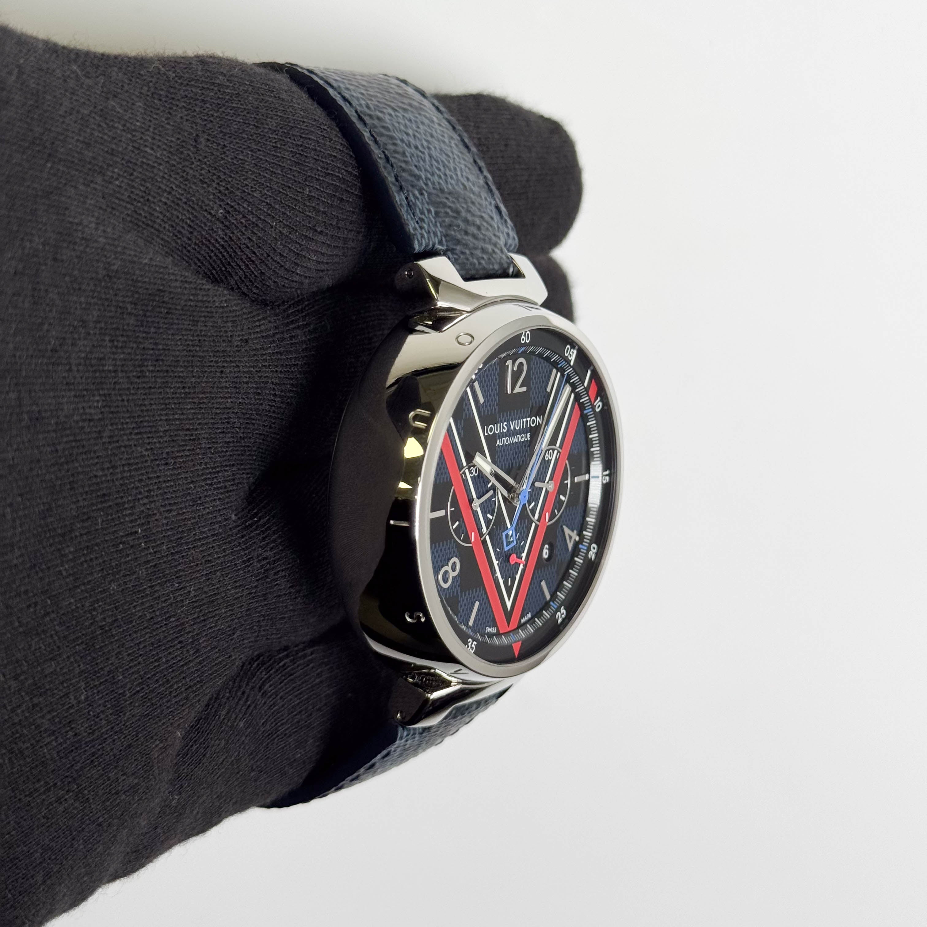 Louis Vuitton Tambour 46mm Black Blue Dial Watch Ref # QA163Z Louis Vuitton Tambour 46mm Black Blue Dial Watch Ref # QA163Z