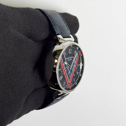 Louis Vuitton Tambour 46mm Black Blue  Dial Watch Ref # QA163Z - Happy Jewelers Fine Jewelry Lifetime Warranty