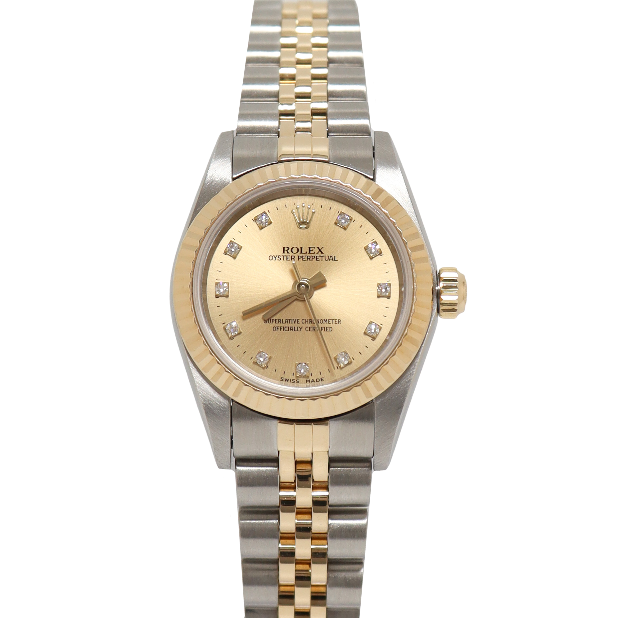 Rolex Oyster Perpetual 26mm Yellow Gold & Stainless Steel Champagne Diamond Dial Watch Reference# 76193 - Happy Jewelers Fine Jewelry Lifetime Warranty