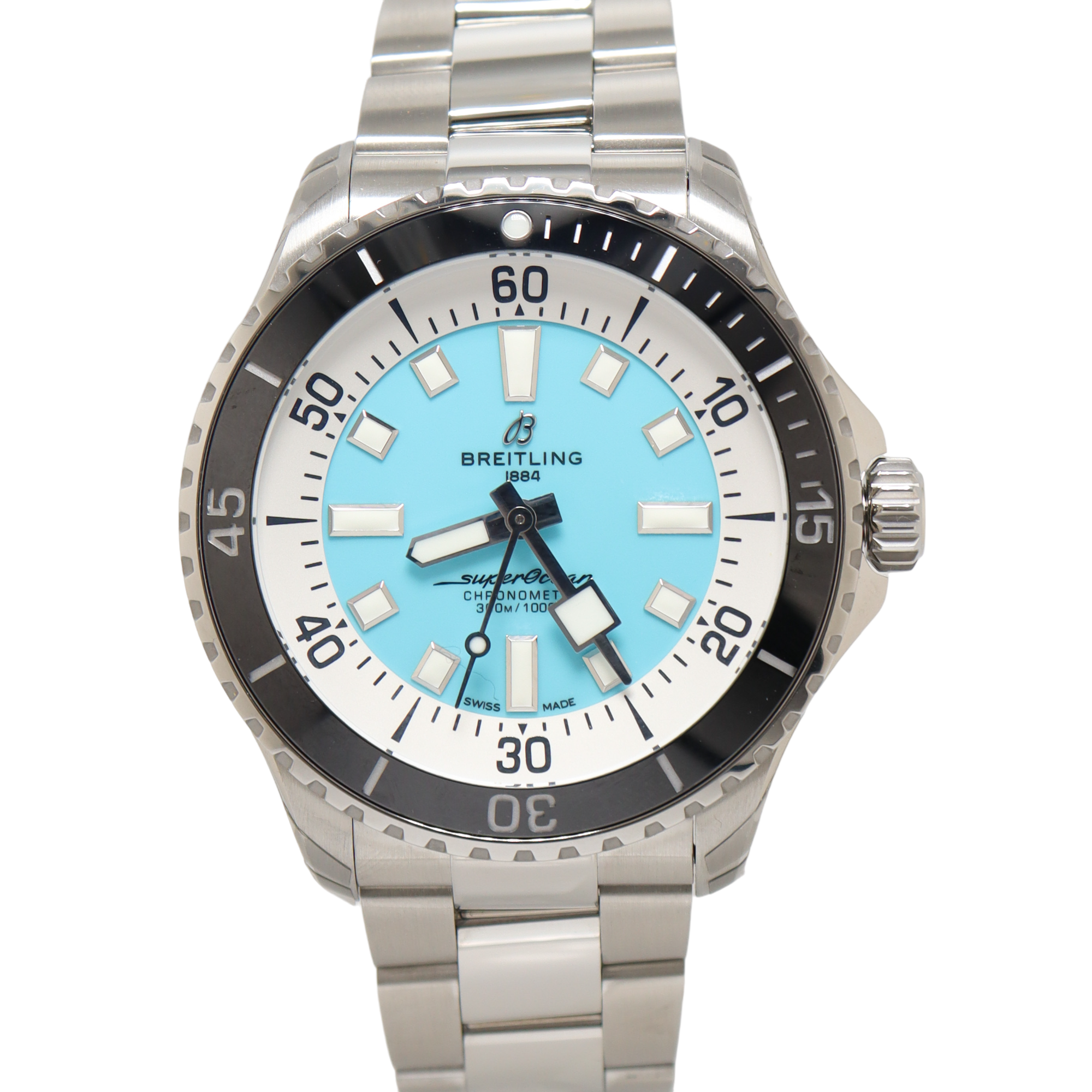 Breitling Superocean Automatic Stainless Steel 44mm White & Turquoise Dial Watch Reference# A17376 - Happy Jewelers Fine Jewelry Lifetime Warranty