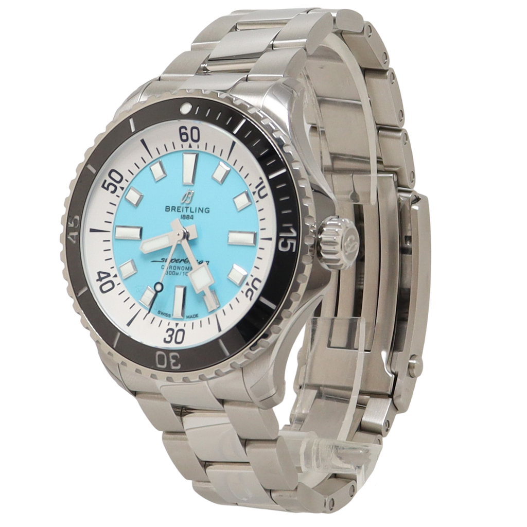 Breitling Superocean Automatic Stainless Steel 44mm White & Turquoise Dial Watch Reference# A17376 - Happy Jewelers Fine Jewelry Lifetime Warranty