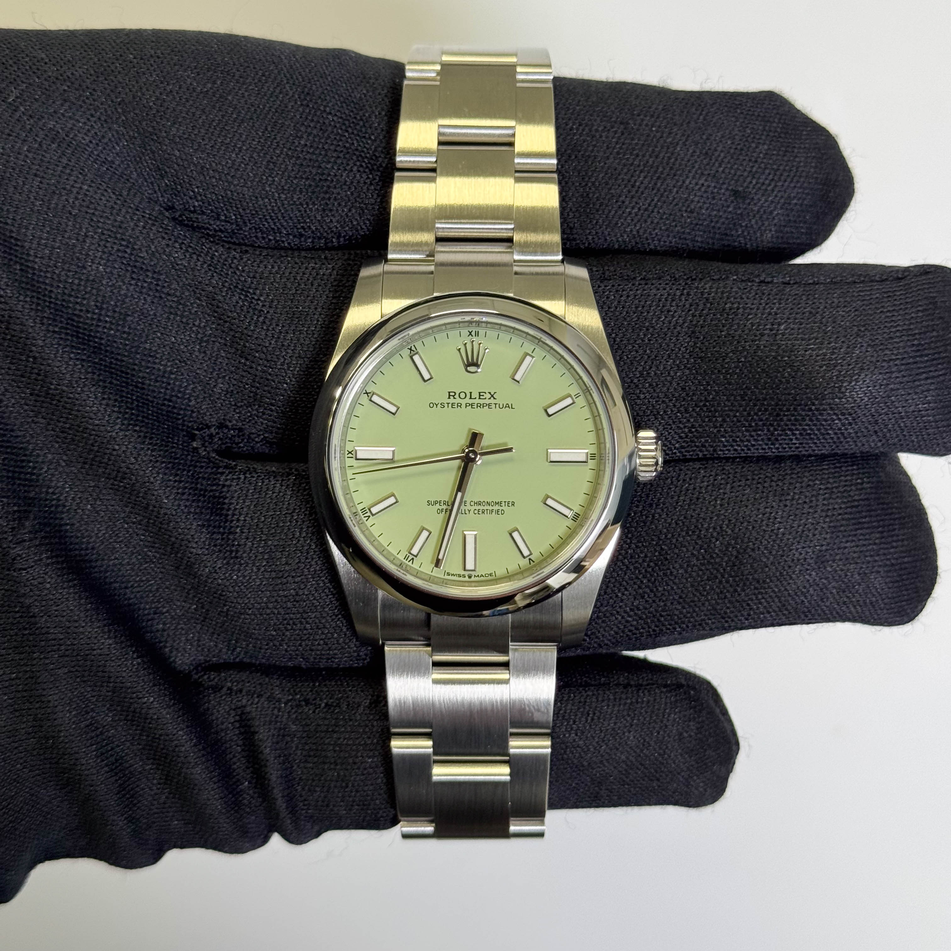 Rolex Oyster Perpetual 34mm Pistachio Dial Watch Ref# 124200 - Happy Jewelers Fine Jewelry Lifetime Warranty