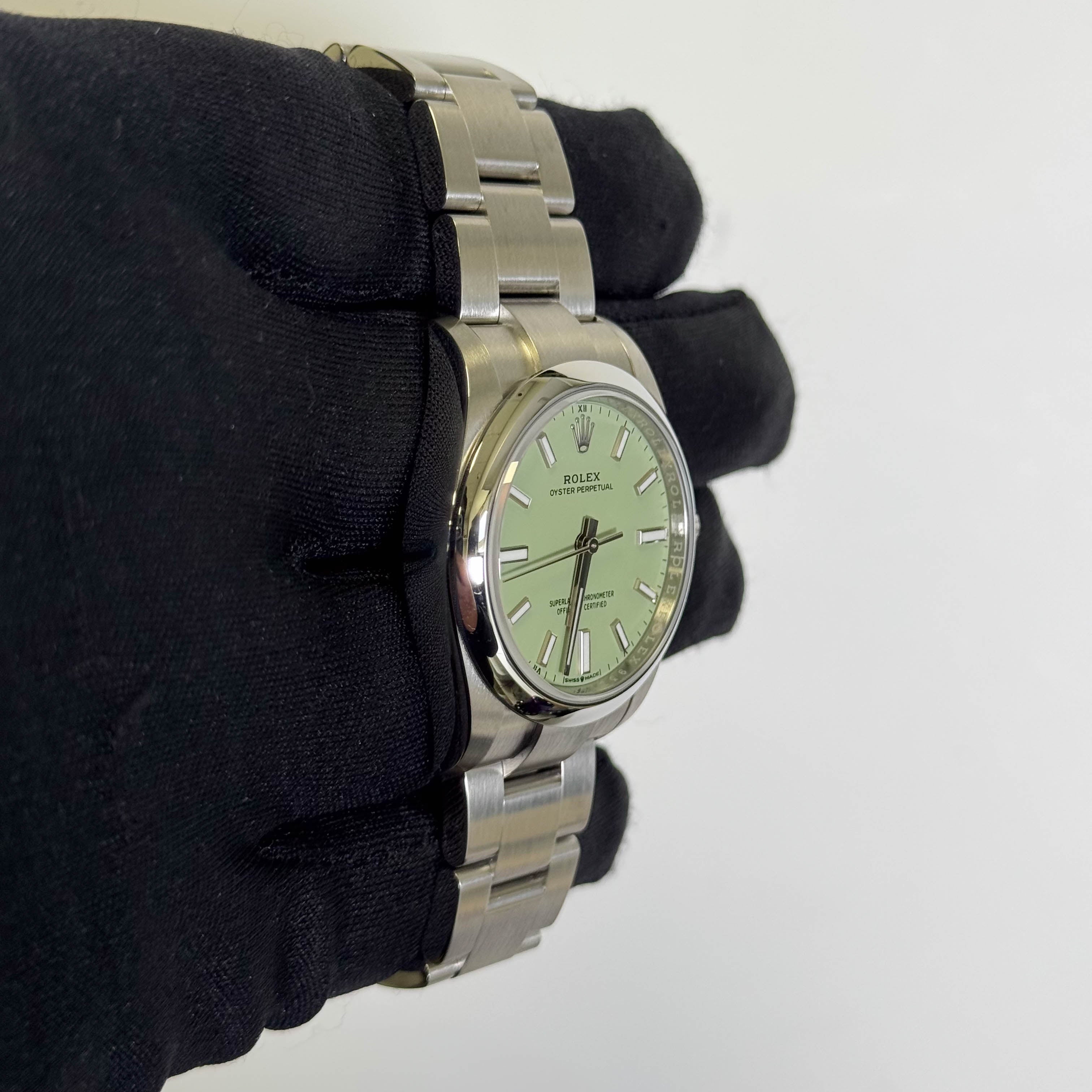 Rolex Oyster Perpetual 34mm Pistachio Dial Watch Ref# 124200 - Happy Jewelers Fine Jewelry Lifetime Warranty