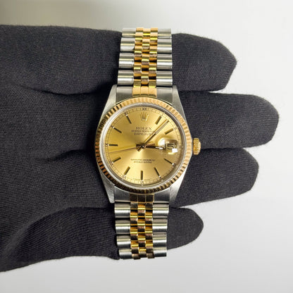 Rolex Datejust Two Tone Steel & Yellow Gold Champagne Stick Dial Watch Reference #: 16013 - Happy Jewelers Fine Jewelry Lifetime Warranty