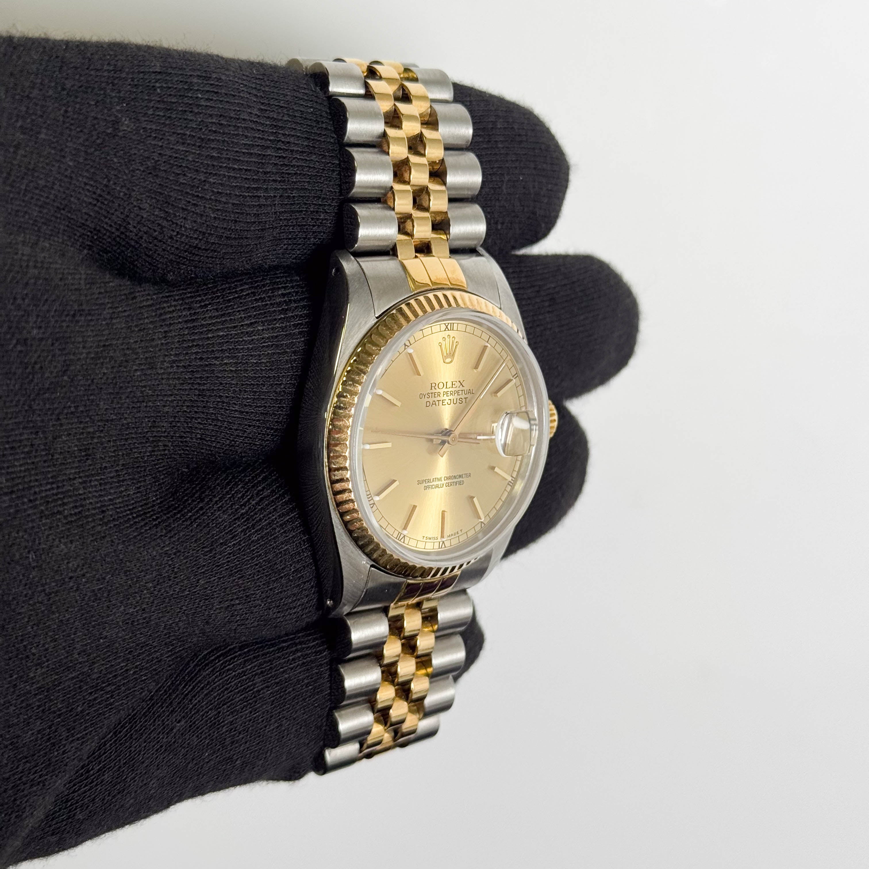 Rolex Datejust Two Tone Steel & Yellow Gold Champagne Stick Dial Watch Reference #: 16013 - Happy Jewelers Fine Jewelry Lifetime Warranty