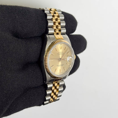 Rolex Datejust Two Tone Steel & Yellow Gold Champagne Stick Dial Watch Reference #: 16013 - Happy Jewelers Fine Jewelry Lifetime Warranty