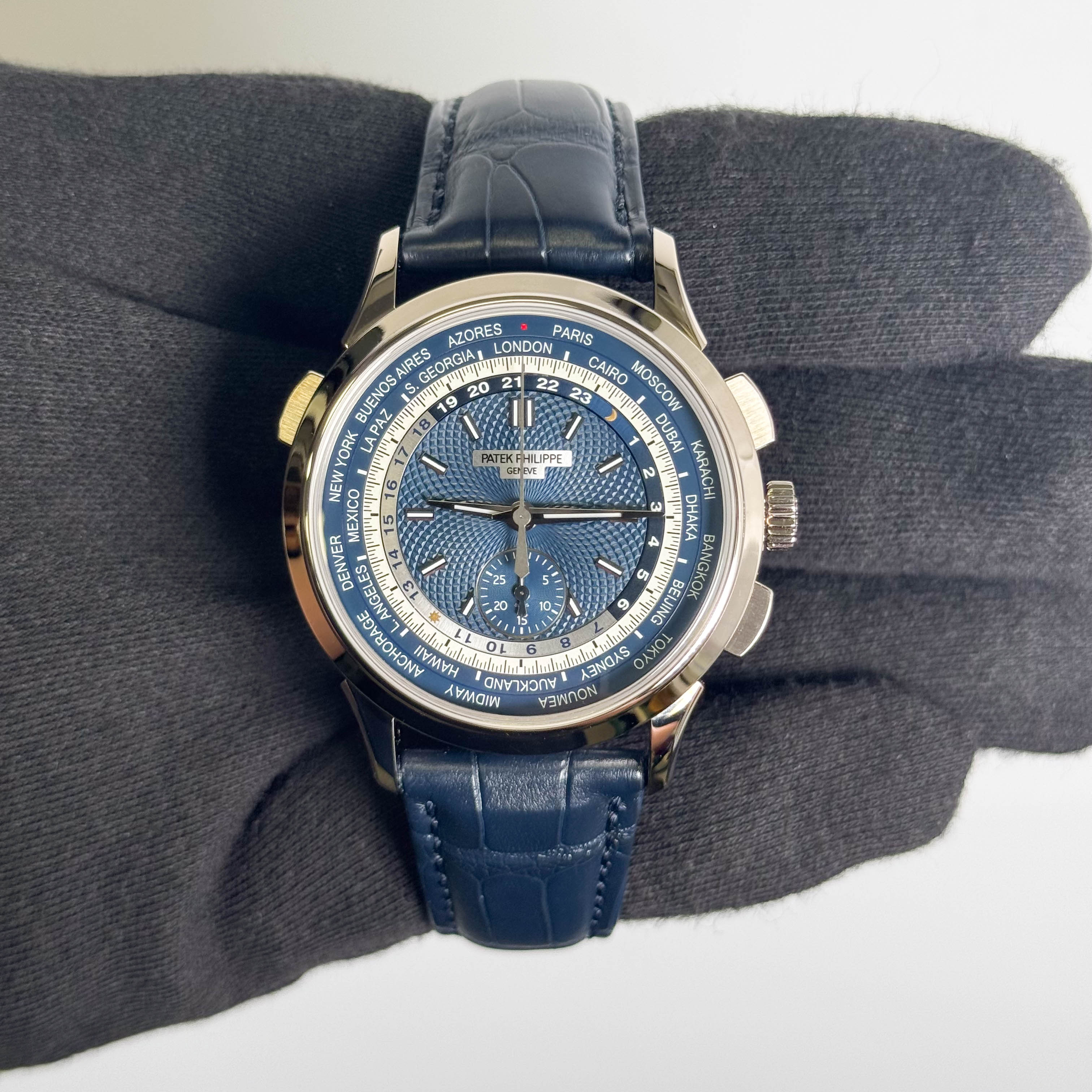 Patek Philippe World Time 39.5mm Blue Dial Watch Ref# 5930G-010