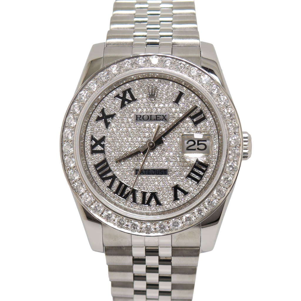 Rolex Datejust Stainless Steel 36mm Custom Roman Pave Diamond Dial Watch Reference#: 116234 - Happy Jewelers Fine Jewelry Lifetime Warranty