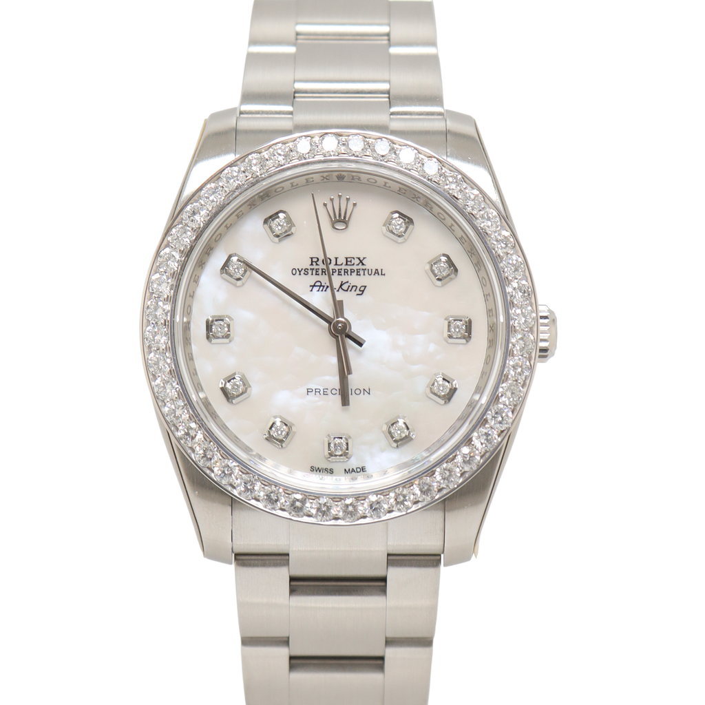 Rolex Air King Stainless Steel 34mm White MOP Diamond Dial Watch