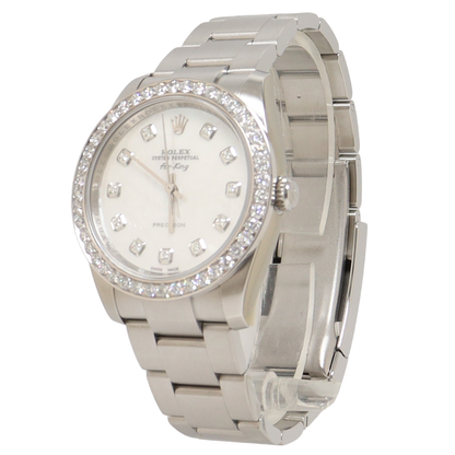 Rolex Air King Stainless Steel 34mm White MOP Diamond Dial Watch Reference#: 114200 - Happy Jewelers Fine Jewelry Lifetime Warranty