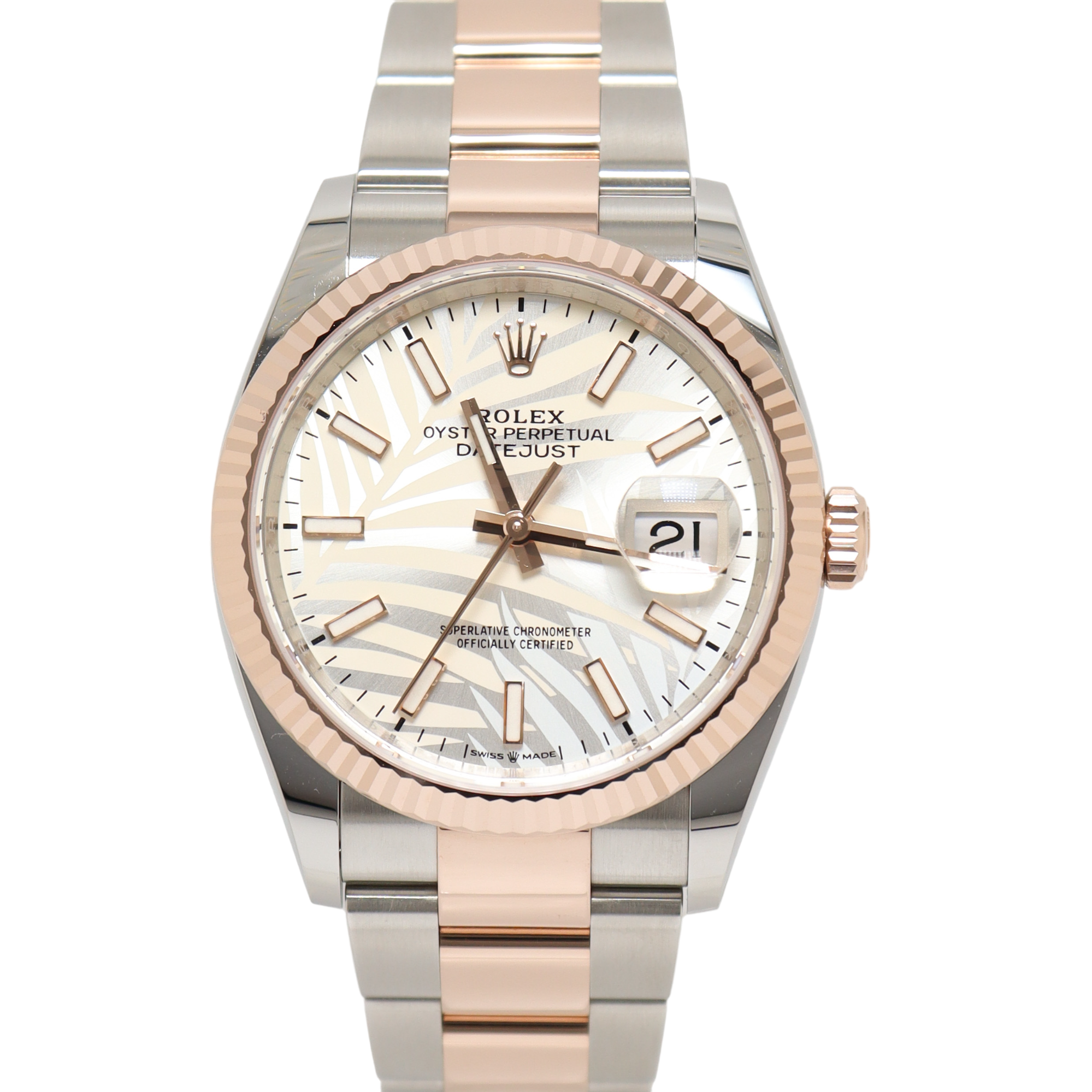 Rolex Datejust Two Tone Everose Gold & Steel 36mm Silver Palm Motif Index Dial Watch Reference#: 126231 - Happy Jewelers Fine Jewelry Lifetime Warranty