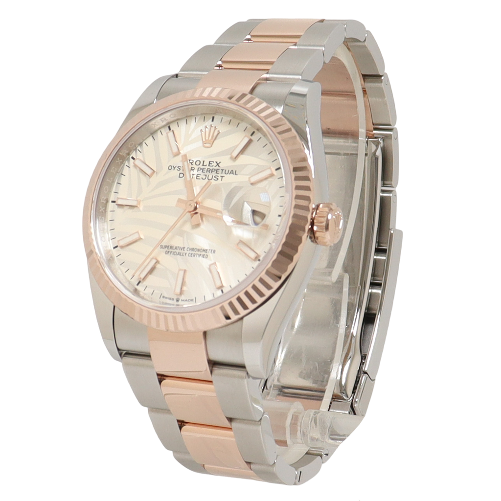 Rolex Datejust Two Tone Everose Gold & Steel 36mm Silver Palm Motif Index Dial Watch Reference#: 126231 - Happy Jewelers Fine Jewelry Lifetime Warranty