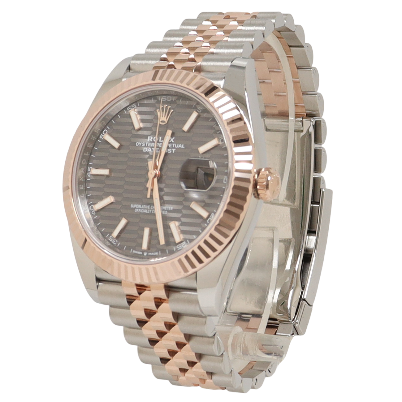 Rolex Datejust Two Tone Everose Gold & Steel 41mm Rhodium Fluted Motif Dial Watch Reference#: 126331 - Happy Jewelers Fine Jewelry Lifetime Warranty