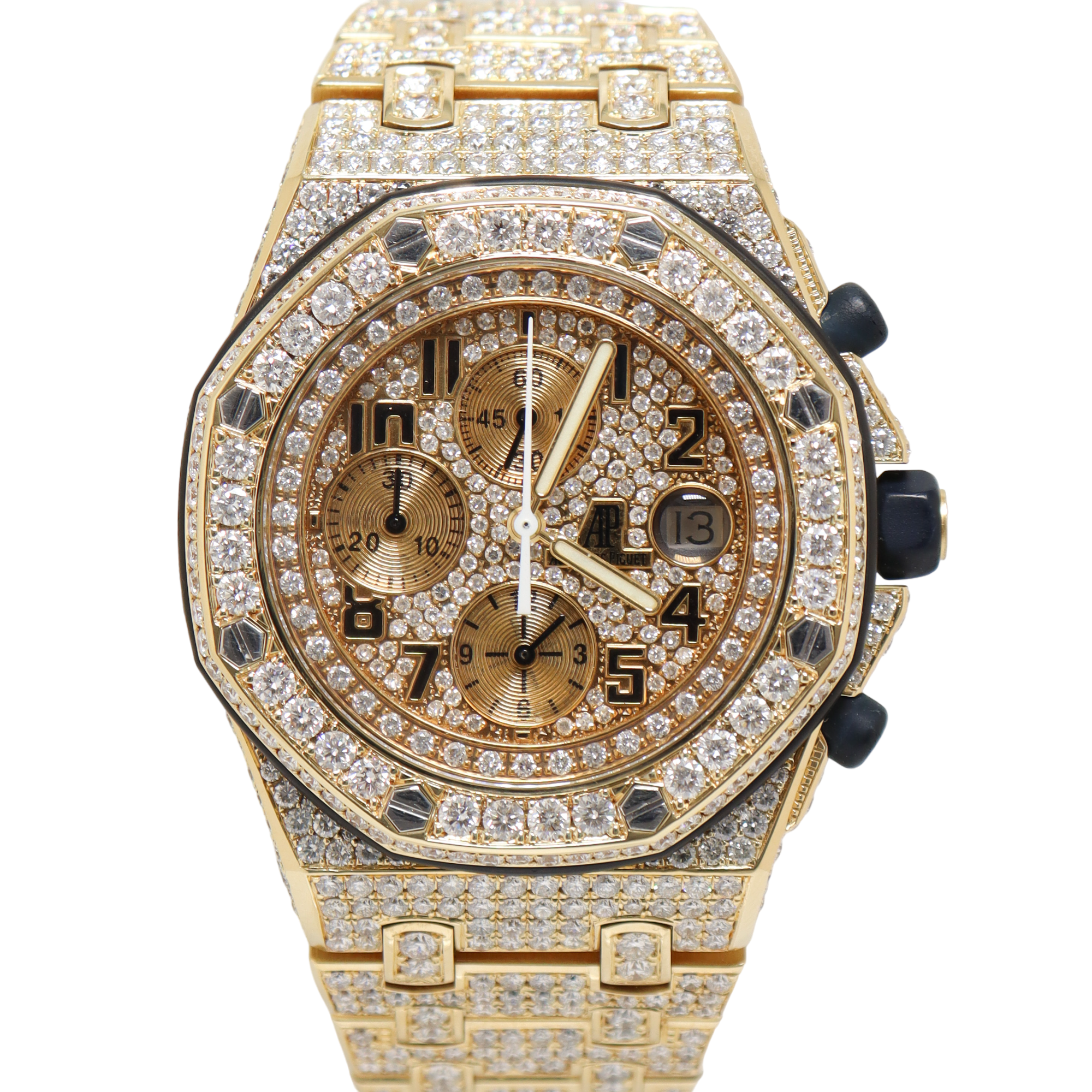Audemars Piguet Royal Oak Offshore Yellow Gold 42mm Completely Iced Out Pave Chronograph Dial Watch Reference#: 25721BA.OO.1000BA.03 - Happy Jewelers Fine Jewelry Lifetime Warranty
