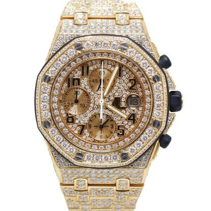 Audemars Piguet Royal Oak Offshore Yellow Gold 42mm Completely Iced Out Pave Chronograph Dial Watch Reference#: 25721BA.OO.1000BA.03 - Happy Jewelers Fine Jewelry Lifetime Warranty
