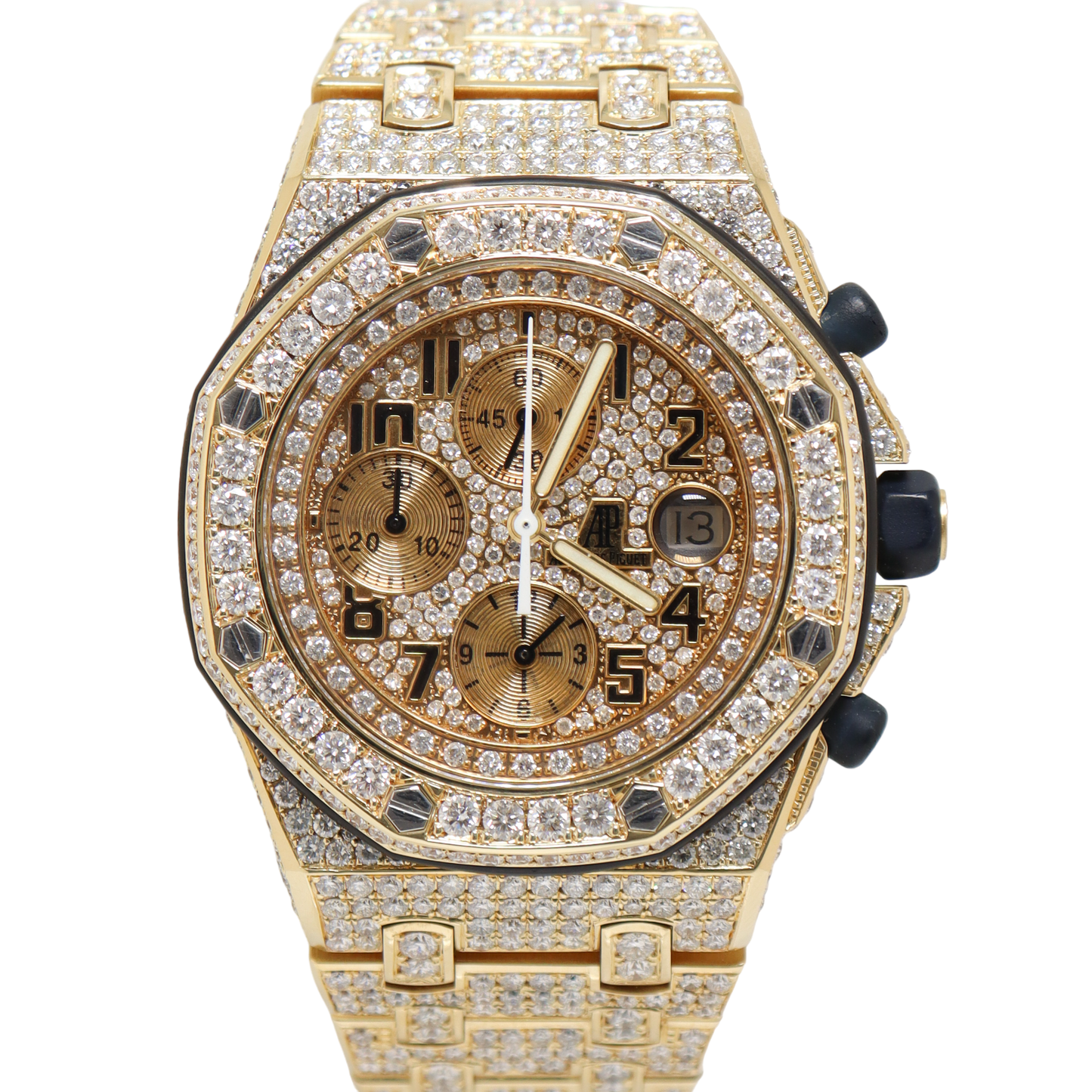 Audemars Piguet Royal Oak Offshore Yellow Gold 42mm Completely Iced Out Pave Chronograph Dial Watch Reference#: 25721BA.OO.1000BA.03 - Happy Jewelers Fine Jewelry Lifetime Warranty