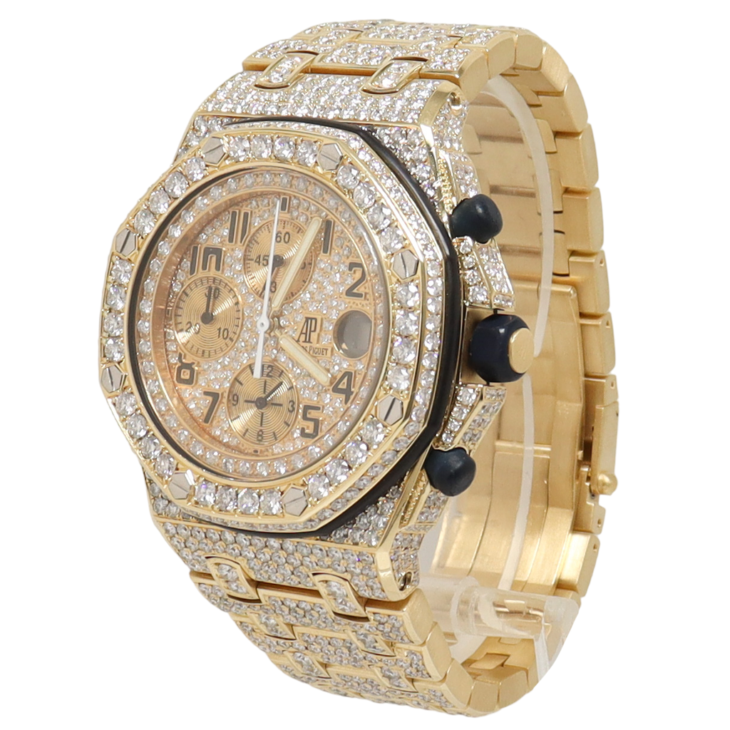 Audemars Piguet Royal Oak Offshore Yellow Gold 42mm Completely Iced Out Pave Chronograph Dial Watch Reference#: 25721BA.OO.1000BA.03 - Happy Jewelers Fine Jewelry Lifetime Warranty
