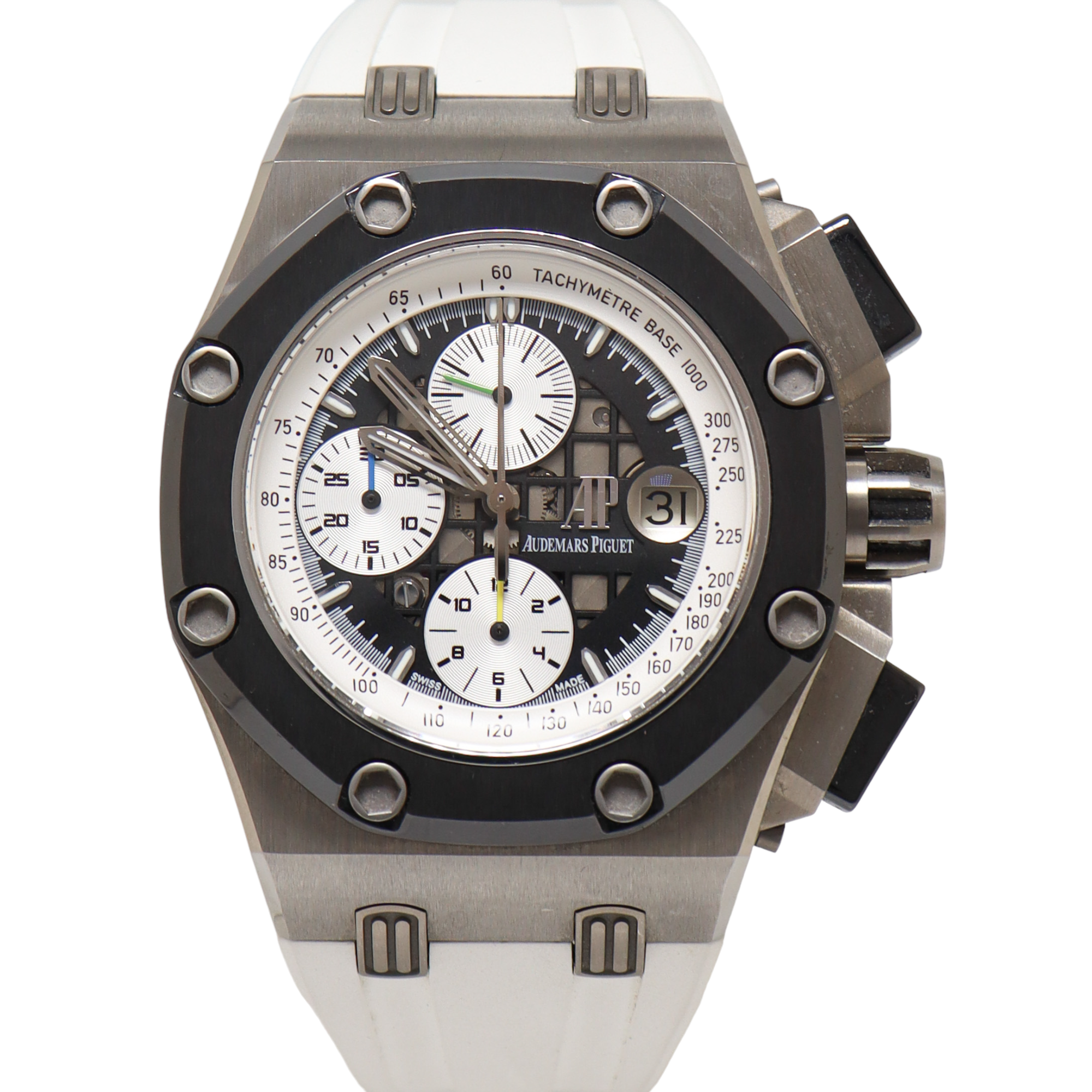 Audemars Piguet Royal Oak Stainless Steel 44mm White & Black Chronograph Dial Watch Reference#: 26078IO.OO.D001VS.01 - Happy Jewelers Fine Jewelry Lifetime Warranty