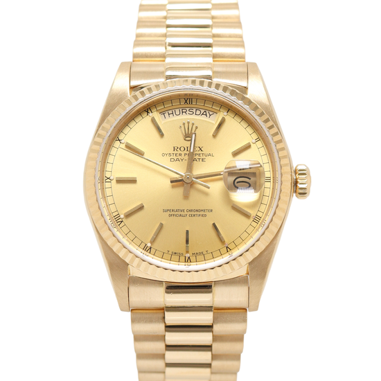 Load image into Gallery viewer, Rolex Day Date 36mm Yellow Gold Champagne Diamond Dial Watch Reference# 18038 - Happy Jewelers Fine Jewelry Lifetime Warranty
