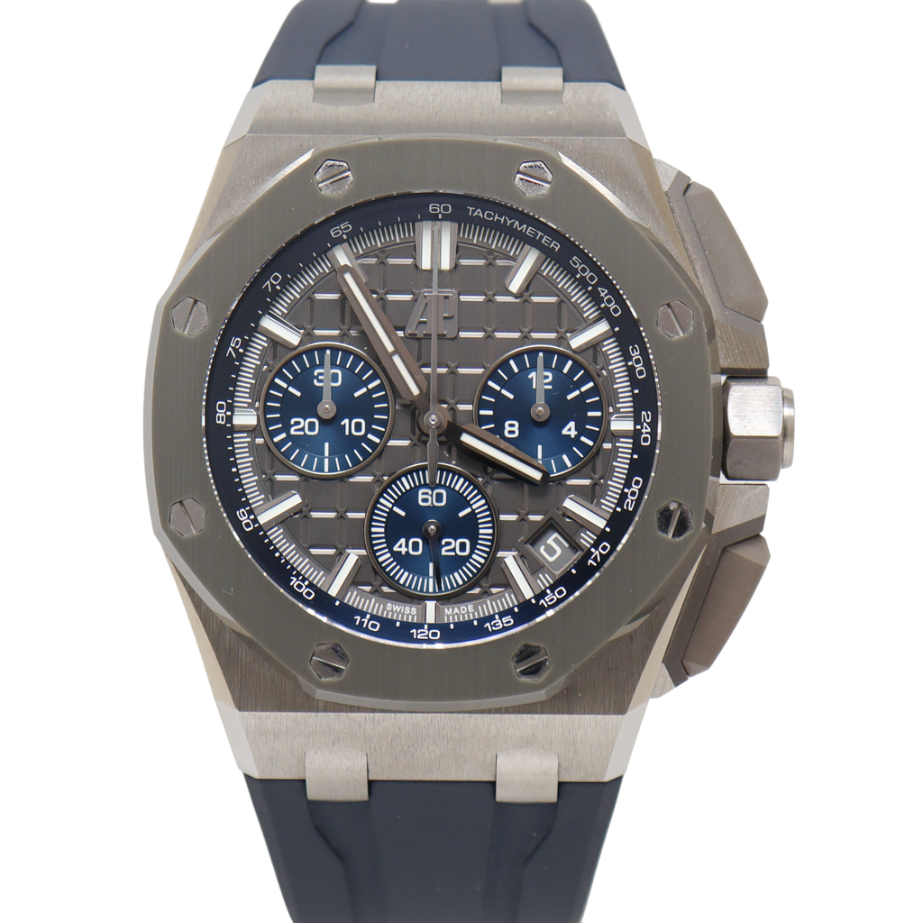 Audemars Piguet Royal Oak Offshore Stainless Steel Gray and Blue Chronograph Dial Watch - Happy Jewelers Fine Jewelry Lifetime Warranty