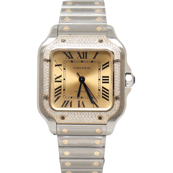 Cartier Santos Two Tone Yellow Gold & Stainless Steel 35mm Champagne Roman Dial Watch Reference# W3SA0007 - Happy Jewelers Fine Jewelry Lifetime Warranty