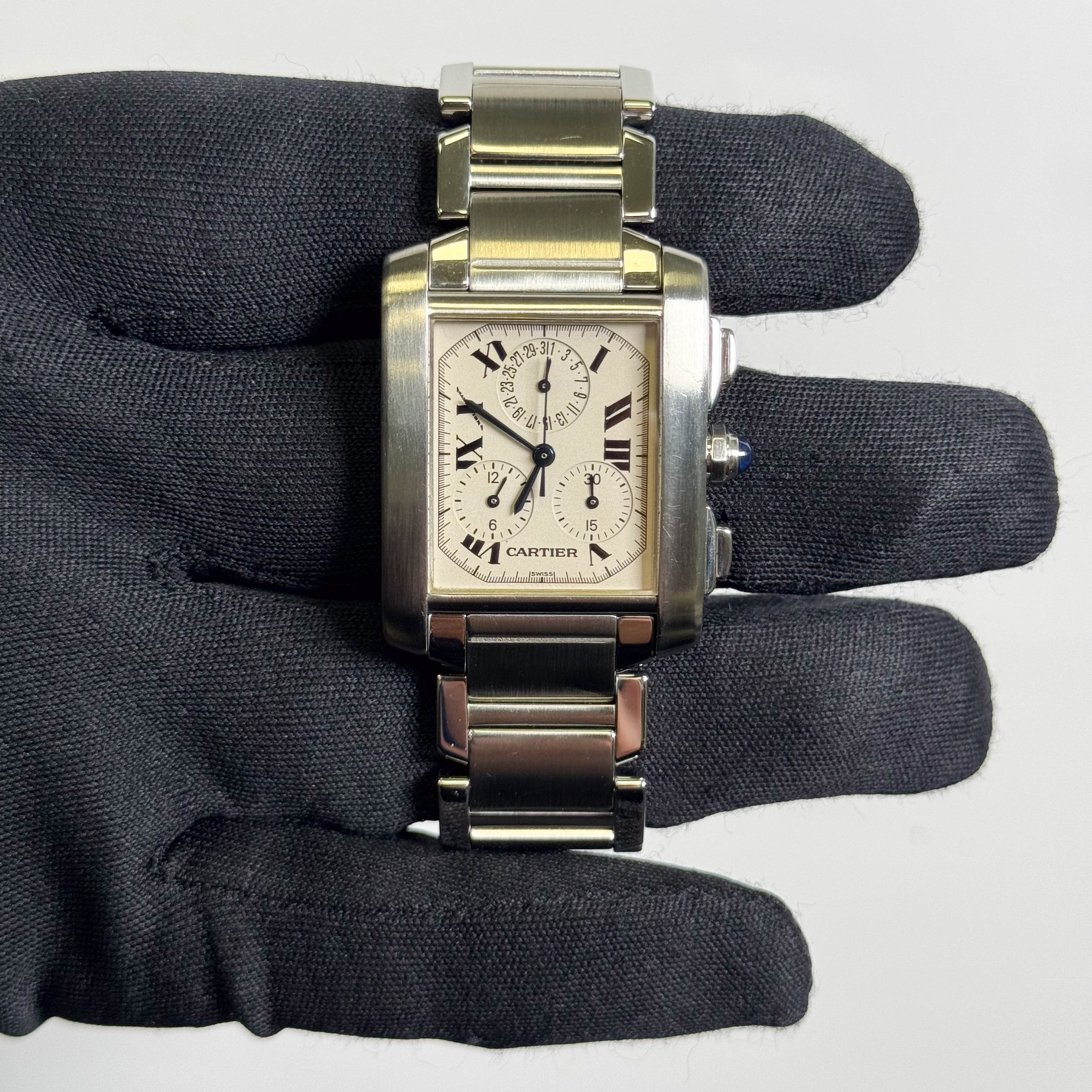 Cartier Tank Francaise Chronoreflex Stainless Steel 29mm White Dial Watch Ref# W51001Q3 - Happy Jewelers Fine Jewelry Lifetime Warranty