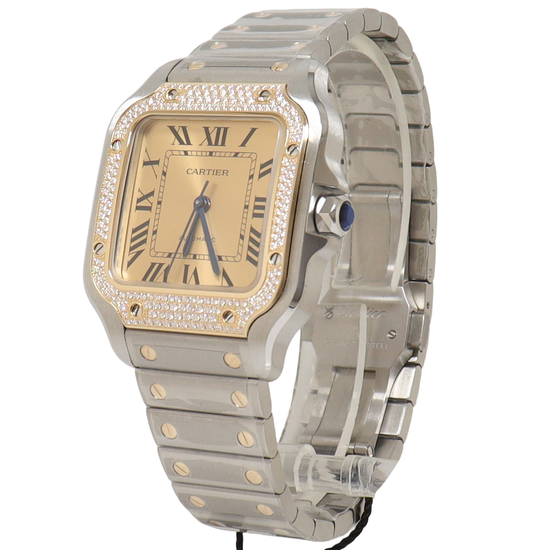 Cartier Santos Two Tone Yellow Gold & Stainless Steel 35mm Champagne Roman Dial Watch Reference# W3SA0007 - Happy Jewelers Fine Jewelry Lifetime Warranty