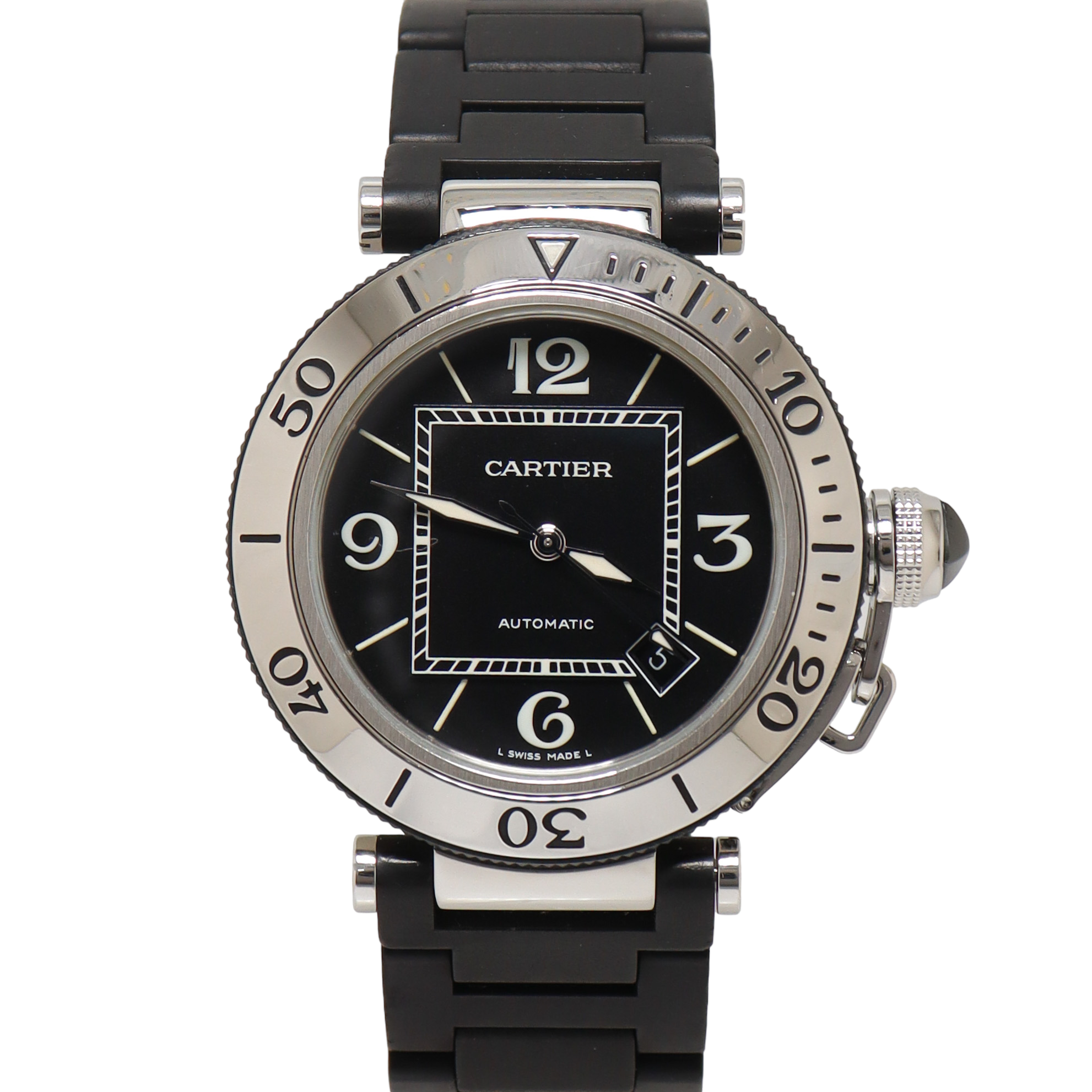 Cartier Pasha Seatimer Stainless Steel 40mm Black Index & Roman Dial Watch Reference#: W31077U2 - Happy Jewelers Fine Jewelry Lifetime Warranty