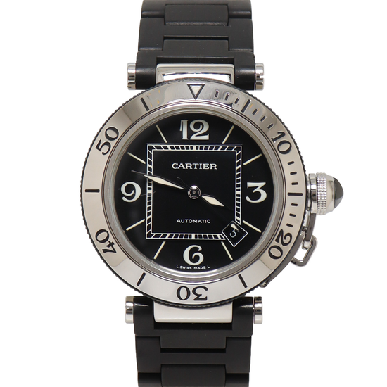 Cartier Pasha Seatimer Stainless Steel 40mm Black Index & Roman Dial Watch Reference#: W31077U2 - Happy Jewelers Fine Jewelry Lifetime Warranty