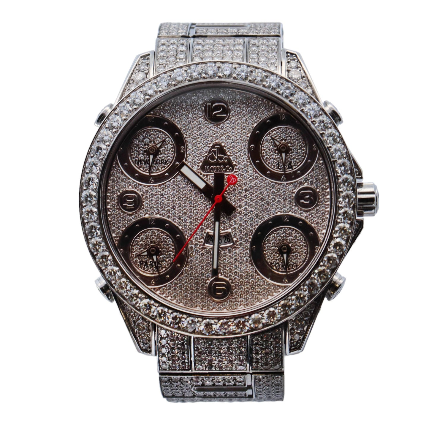 Jacob & Co Five Time Zone Stainless Steel 47mm Factory Full Iced Out Pave Diamond Dial Watch Reference# JC30 - Happy Jewelers Fine Jewelry Lifetime Warranty