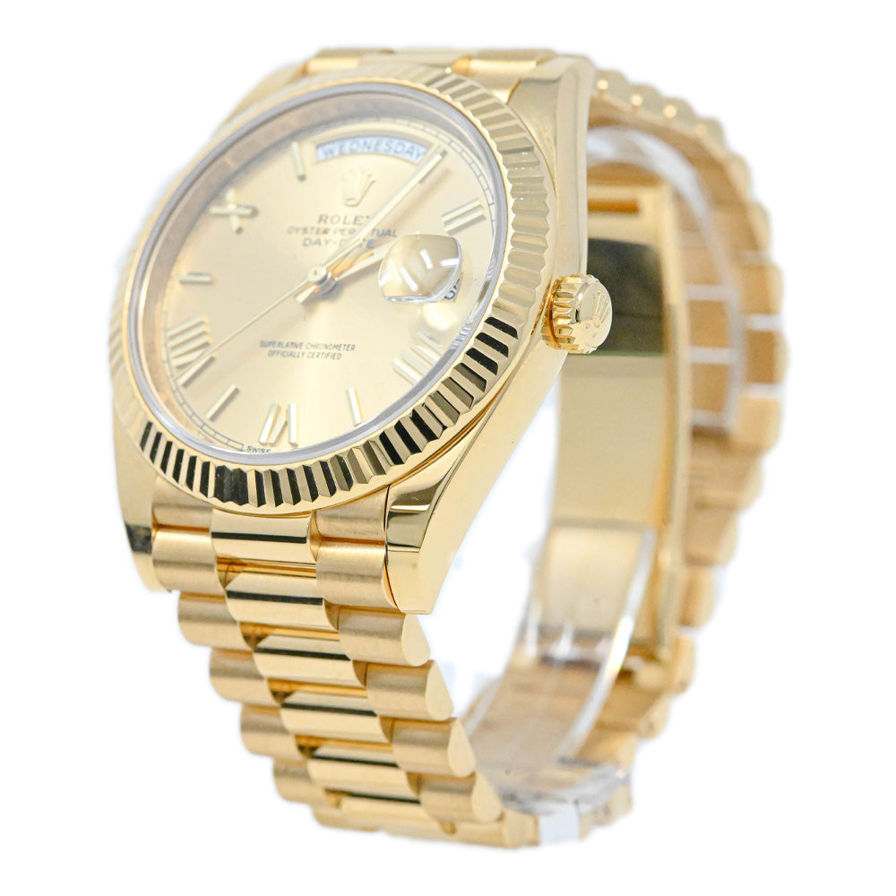 Rolex Mens President Day-Date 40mm 18K Yellow Gold Watch Champagne Roman Dial Watch Reference #: 228238 - Happy Jewelers Fine Jewelry Lifetime Warranty