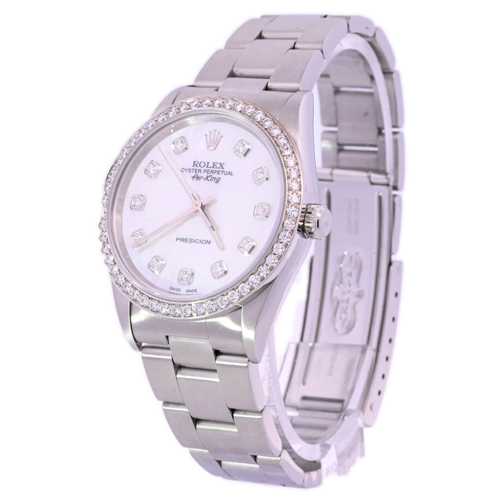 Rolex Air King Stainless Steel 34mm Custom White MOP Diamond Dial Watch Reference #: 14000 - Happy Jewelers Fine Jewelry Lifetime Warranty