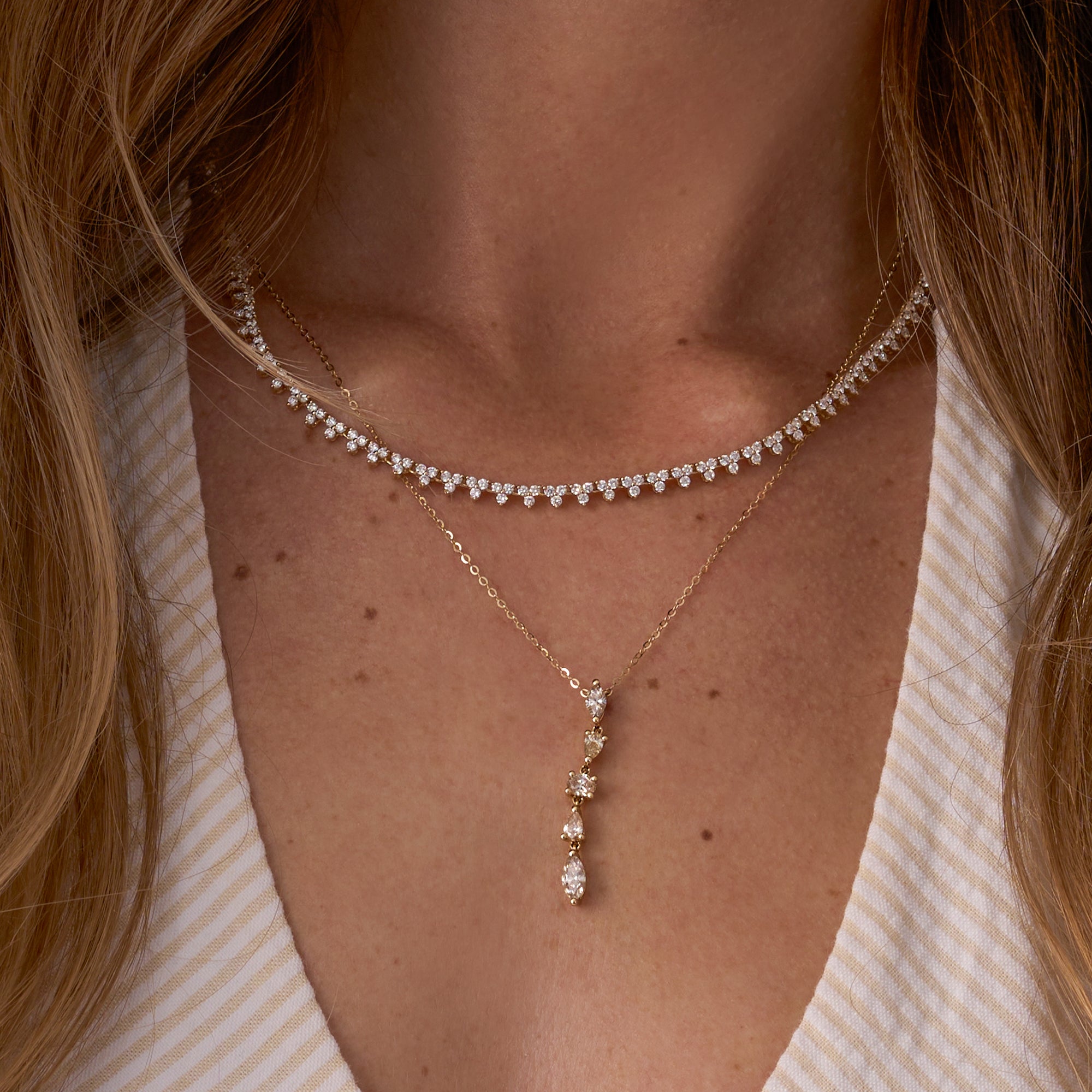 Yellow Gold Lab Diamond Cluster Tennis Necklace On Figure