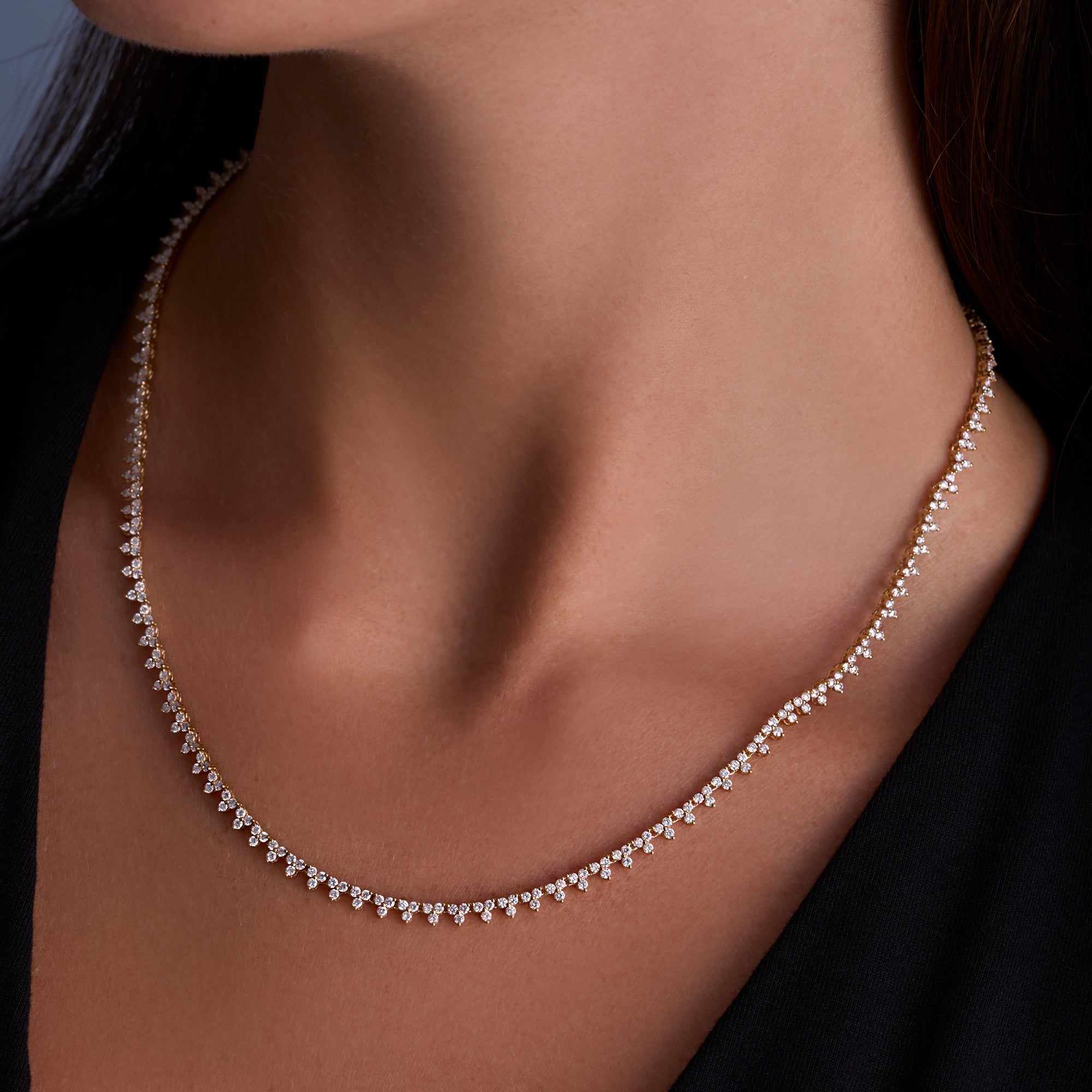 Yellow Gold Lab Diamond Cluster Tennis Necklace On Figure