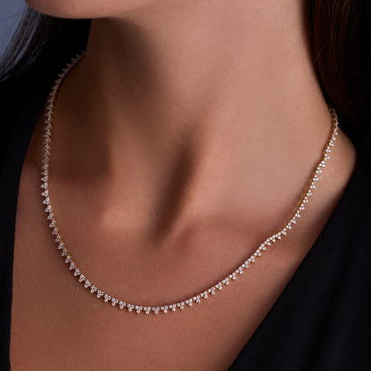 Yellow Gold Lab Diamond Cluster Tennis Necklace On Figure
