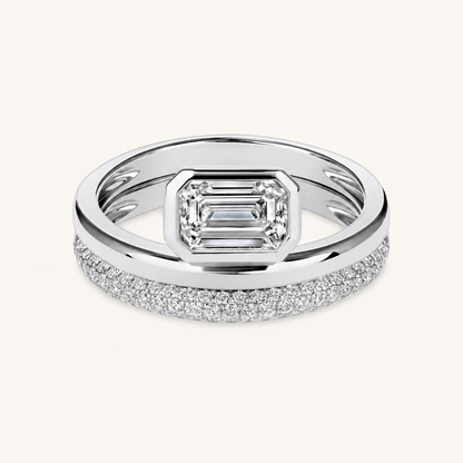 White Gold Lab Diamond Emerald Double Layer Ring