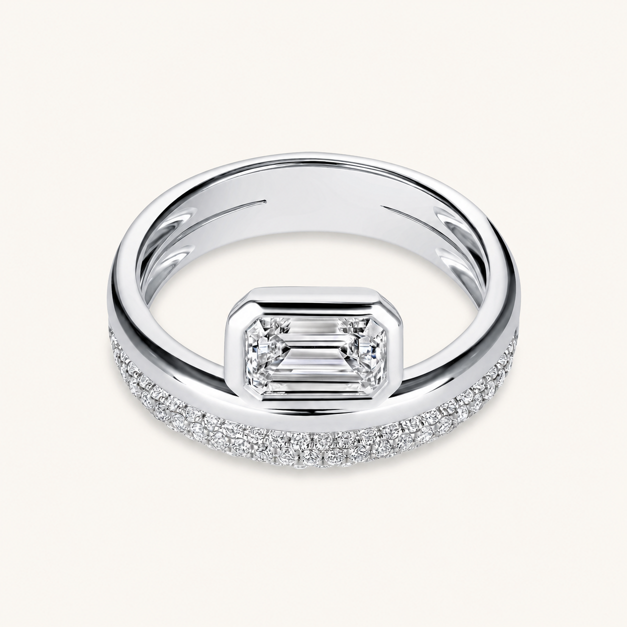 White Gold Lab Diamond Emerald Double Layer Ring