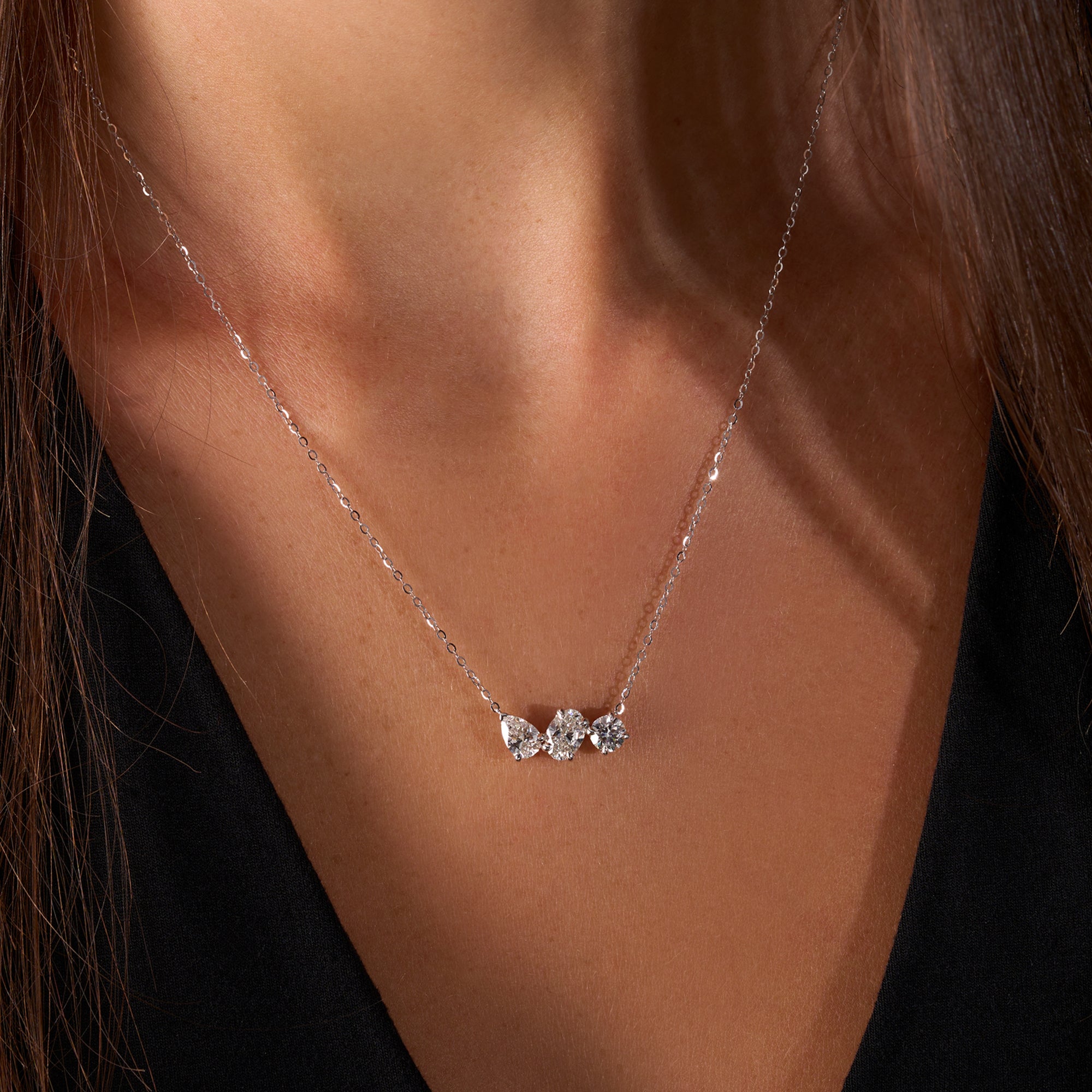 White Gold Multi-Diamond Trio Necklace On Figure