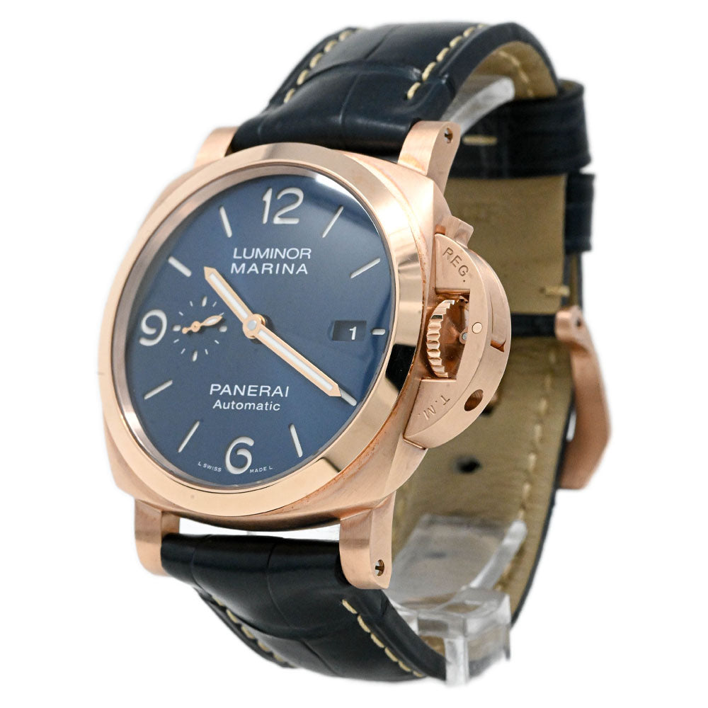 Panerai Men's Luminor Marina Goldtech 44mm Blue Sun-Brushed Dial Watch Reference #: PAM01112 - Happy Jewelers Fine Jewelry Lifetime Warranty